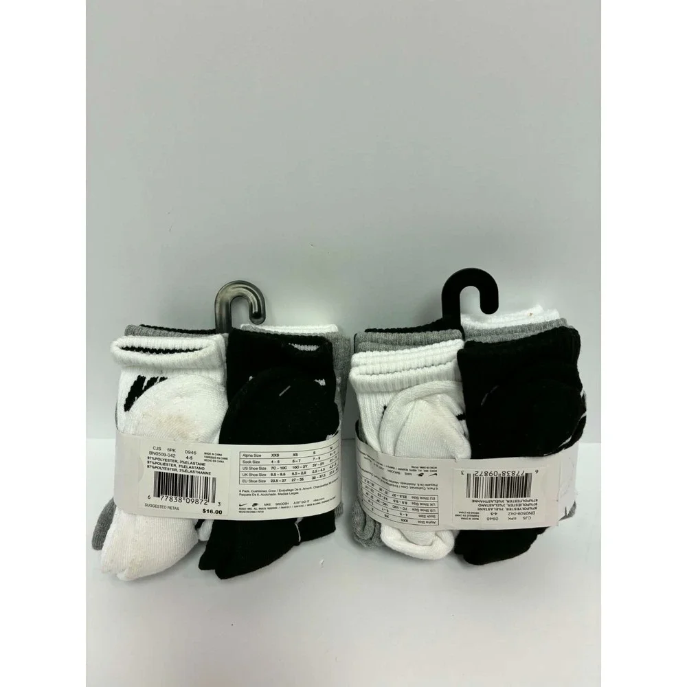 Nike Kids Cushioned Crew Socks‎ 12 White Black Grey XXS BN0509-042